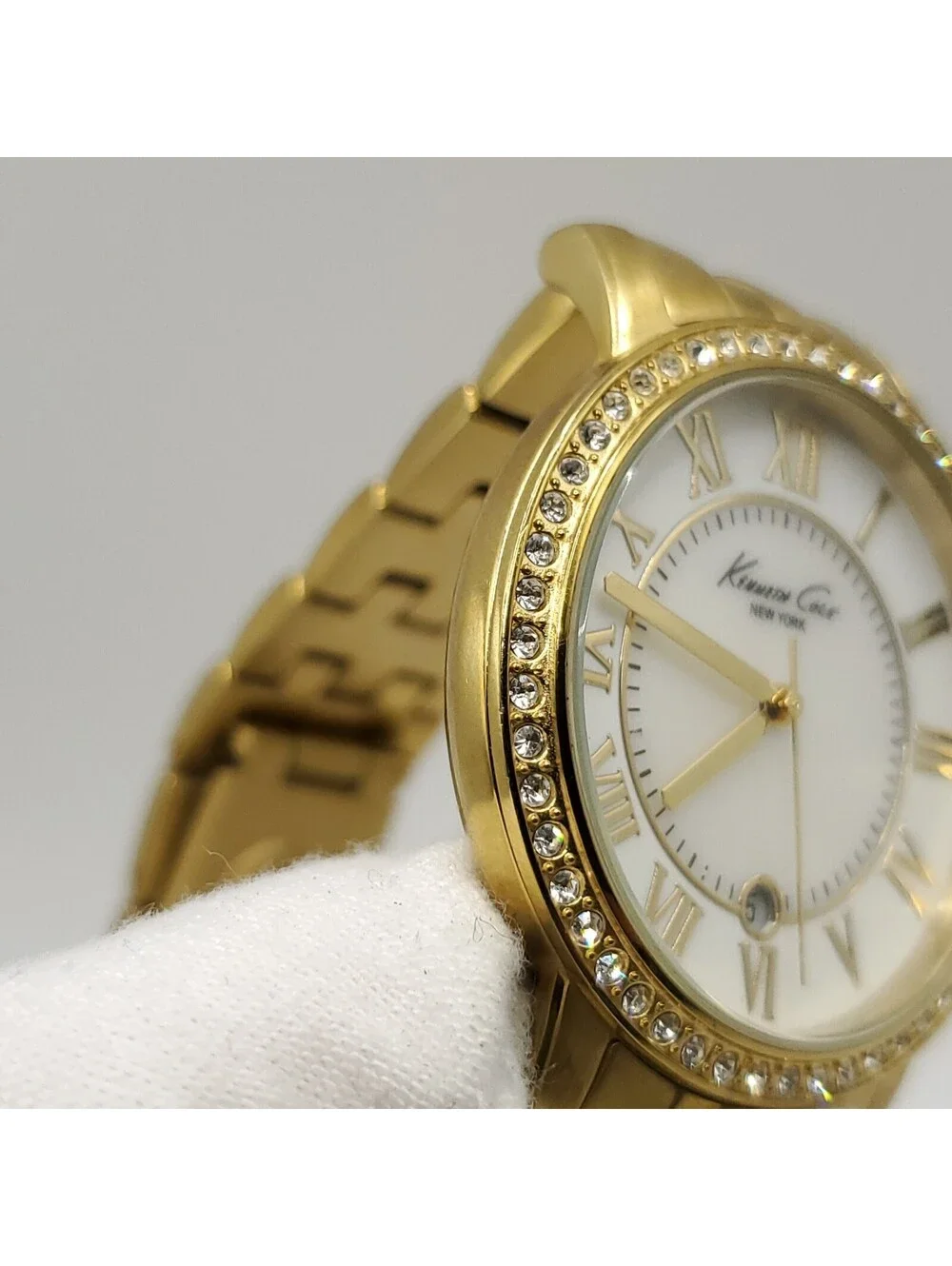 Kenneth Cole New York Watch Women New Battery MOP Date Dial Gold Tone 35mm